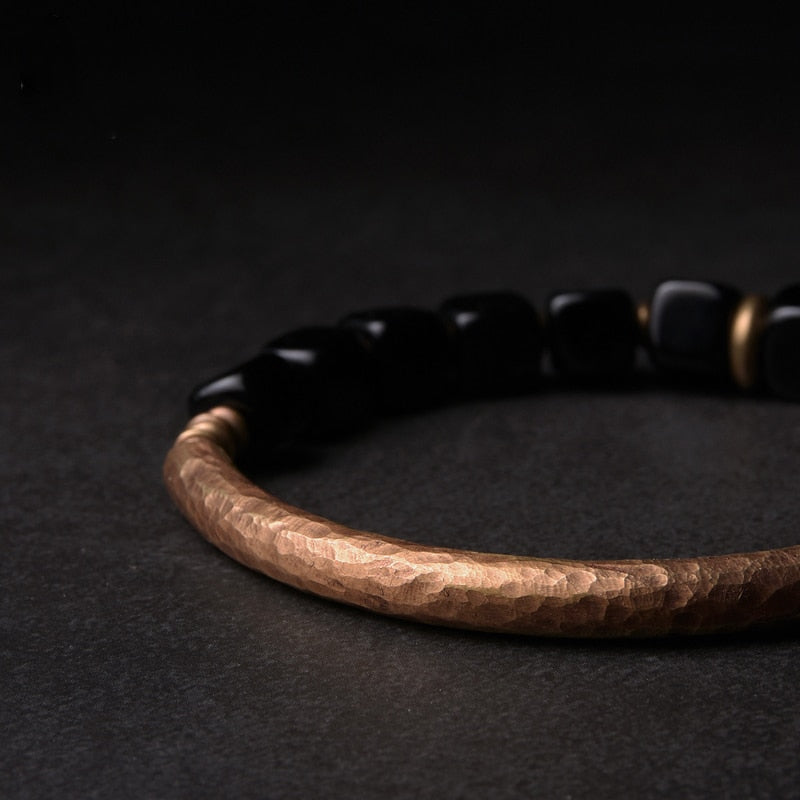Bracelete de Obsidiana Negra Natural e Cobre